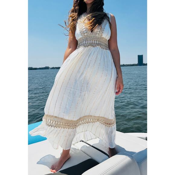 Ashley Taylor Dresses & Skirts - Elegant Long White Dress with Gold Accents and Braided Rope Detailing
